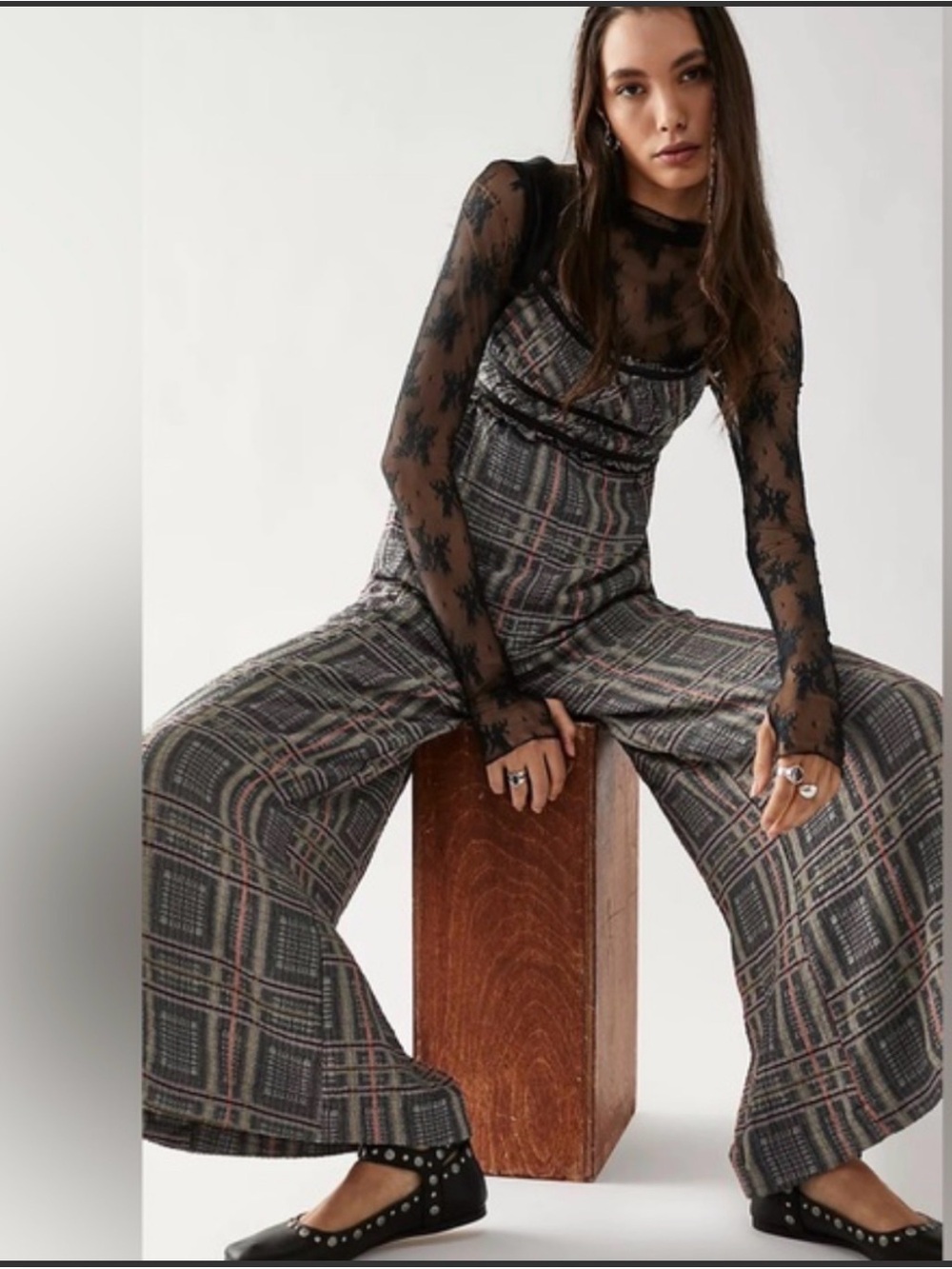 Free People Marley Gray Plaid Wide-Leg Jumpsuit 2443